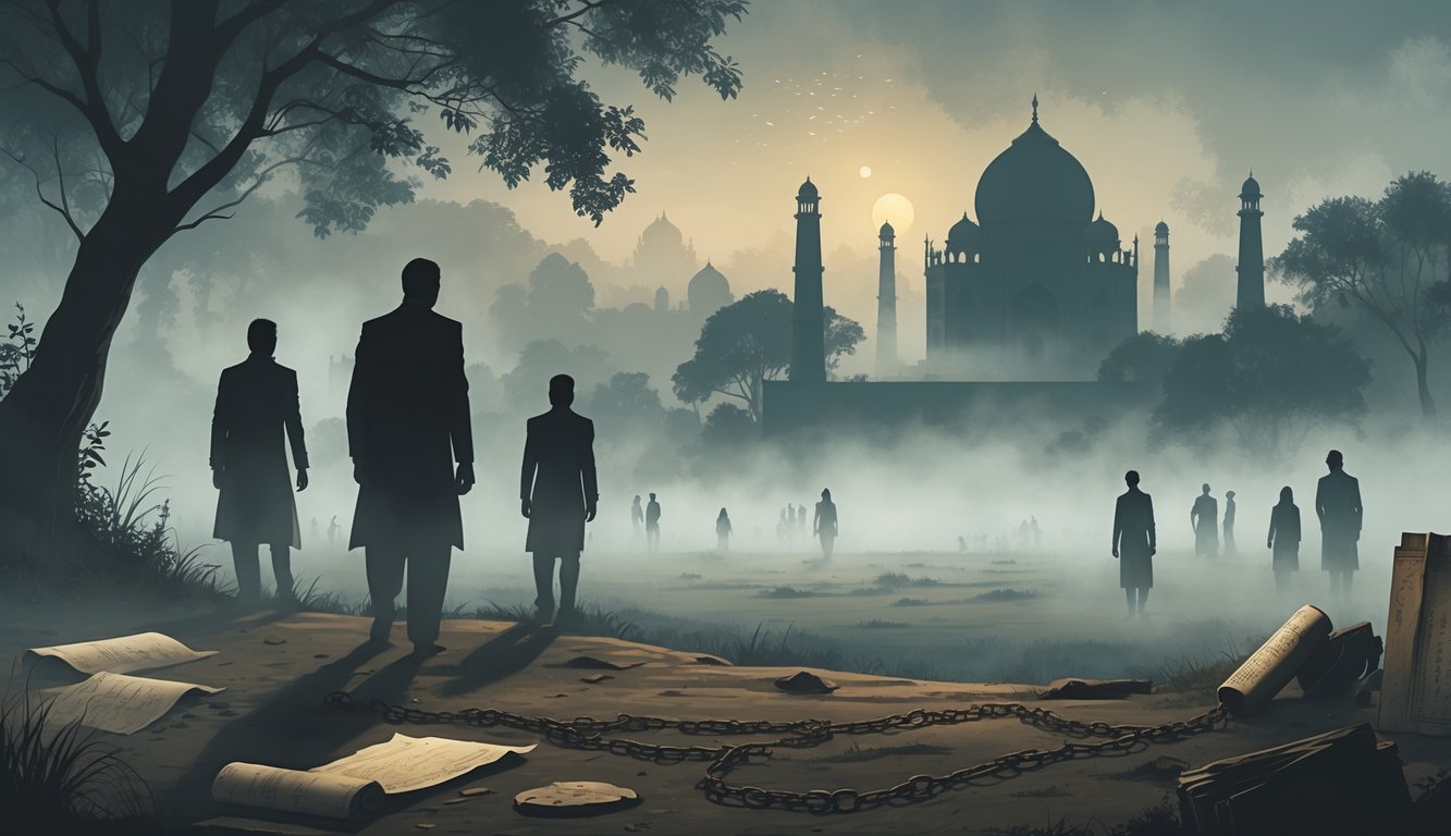 A misty Indian landscape at dusk with fading human figures and ancient landmarks, symbolizing people who disappeared and unsolved mysteries.