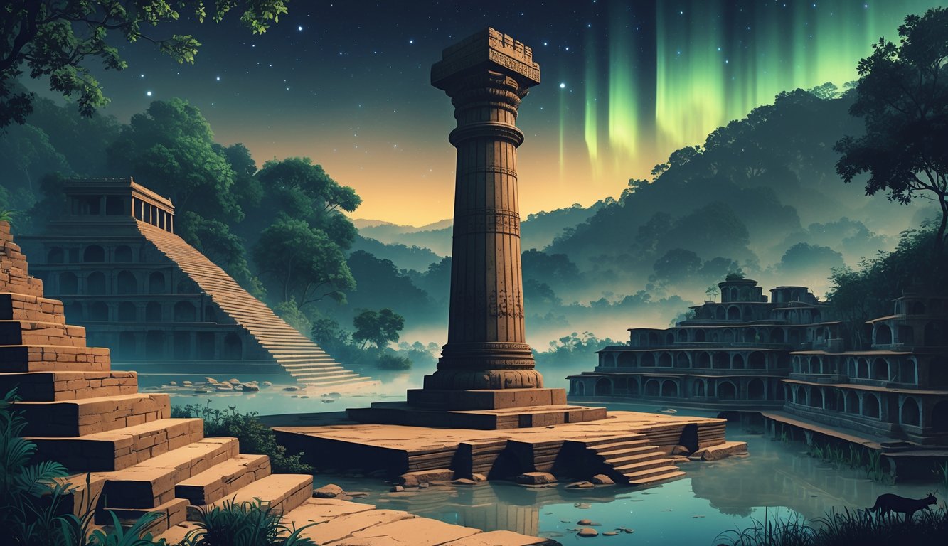A detailed scene showing ancient Indian ruins, an iron pillar, step wells, dense forests, and glowing lights in the sky representing historical mysteries and natural wonders.