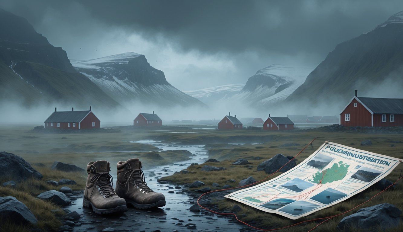 A misty Icelandic landscape with empty hiking boots on a rocky path, a vintage police investigation board with photos and maps, and a small village in the foggy background.