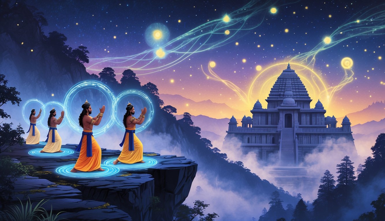 Ancient Indian mystics performing spiritual rituals on a cliff with a temple and mystical lights in the background under a twilight sky.