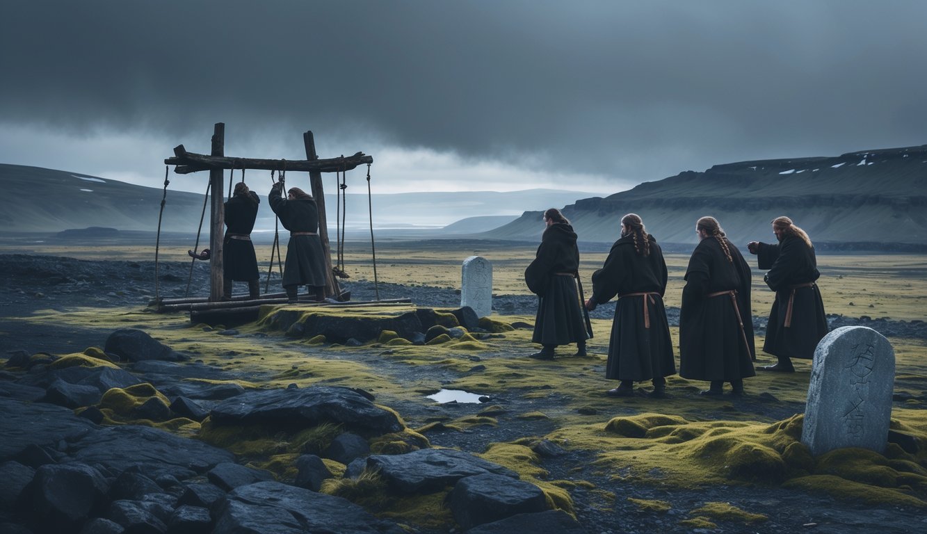 A somber scene showing medieval Icelandic people carrying out an execution near a wooden scaffold and performing burial rites beside a stone grave in a rugged Icelandic landscape.