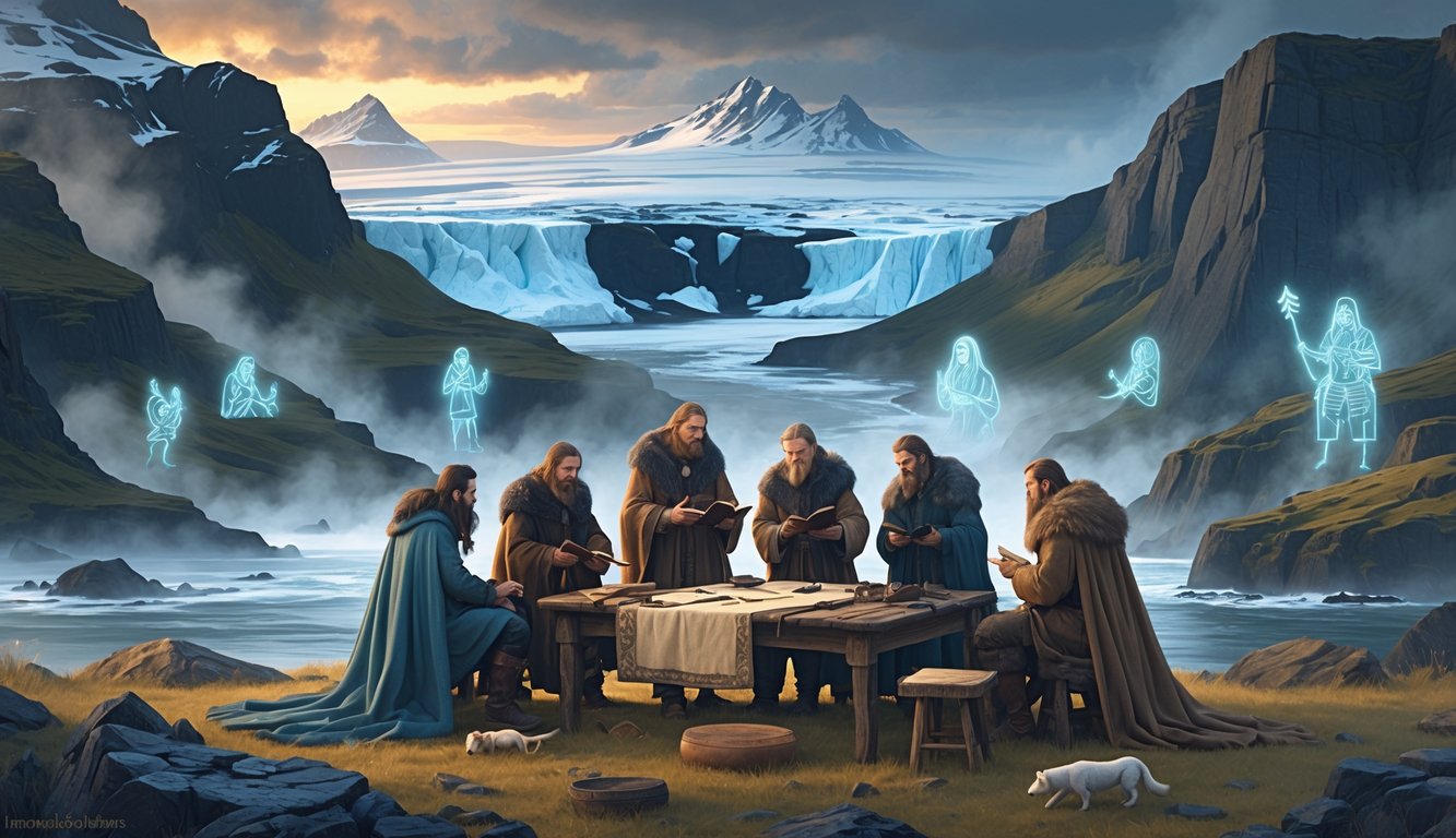 A group of medieval Icelandic poets and bards gathered around a wooden table with manuscripts and traditional instruments, set against a dramatic Icelandic landscape with mountains, glaciers, and misty mythical figures emerging from the surroundings.
