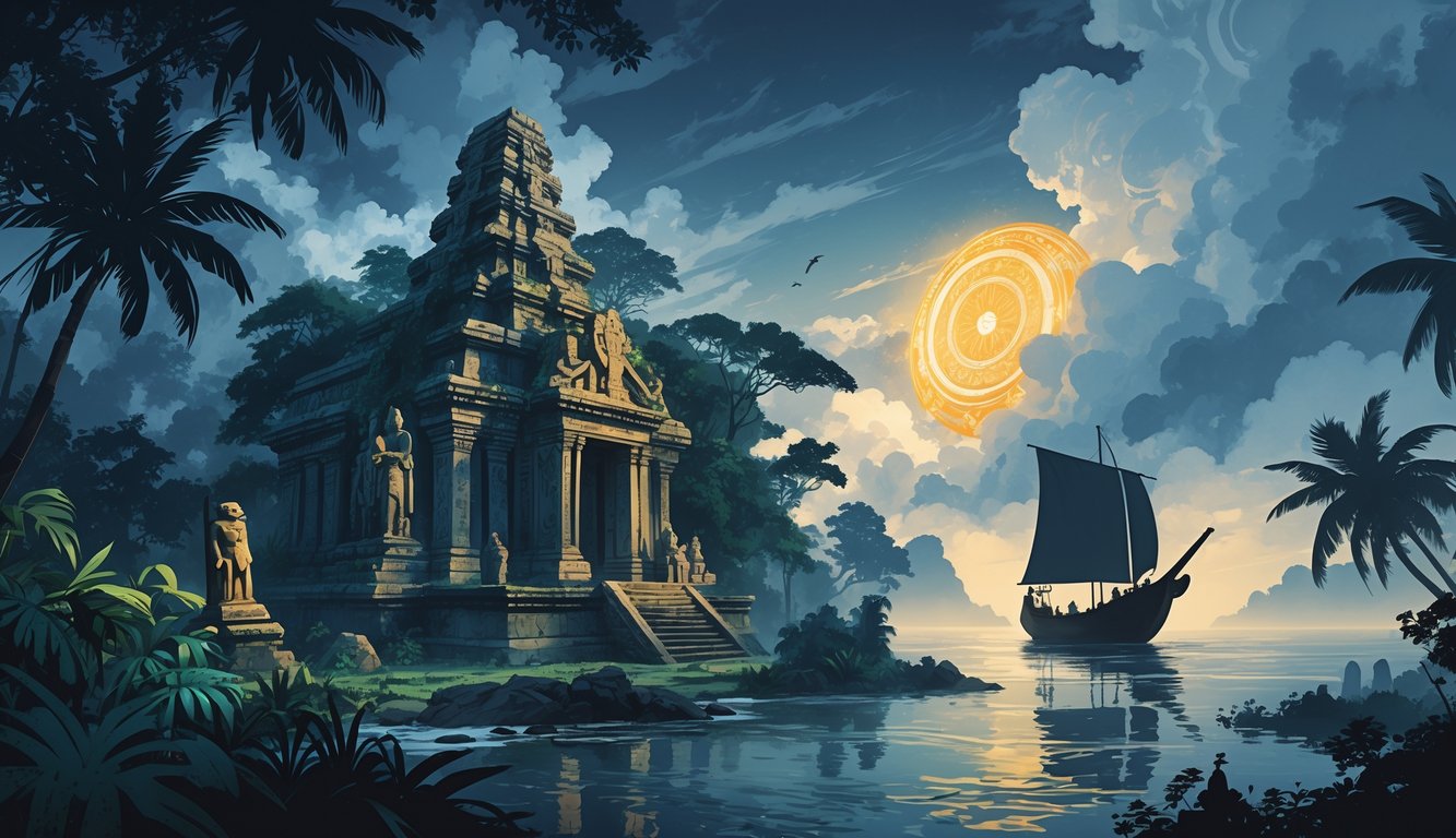 An ancient Indonesian temple surrounded by jungle, a traditional ship sailing in misty waters, and a glowing golden relic with ghostly figures in the background under a dramatic sky.