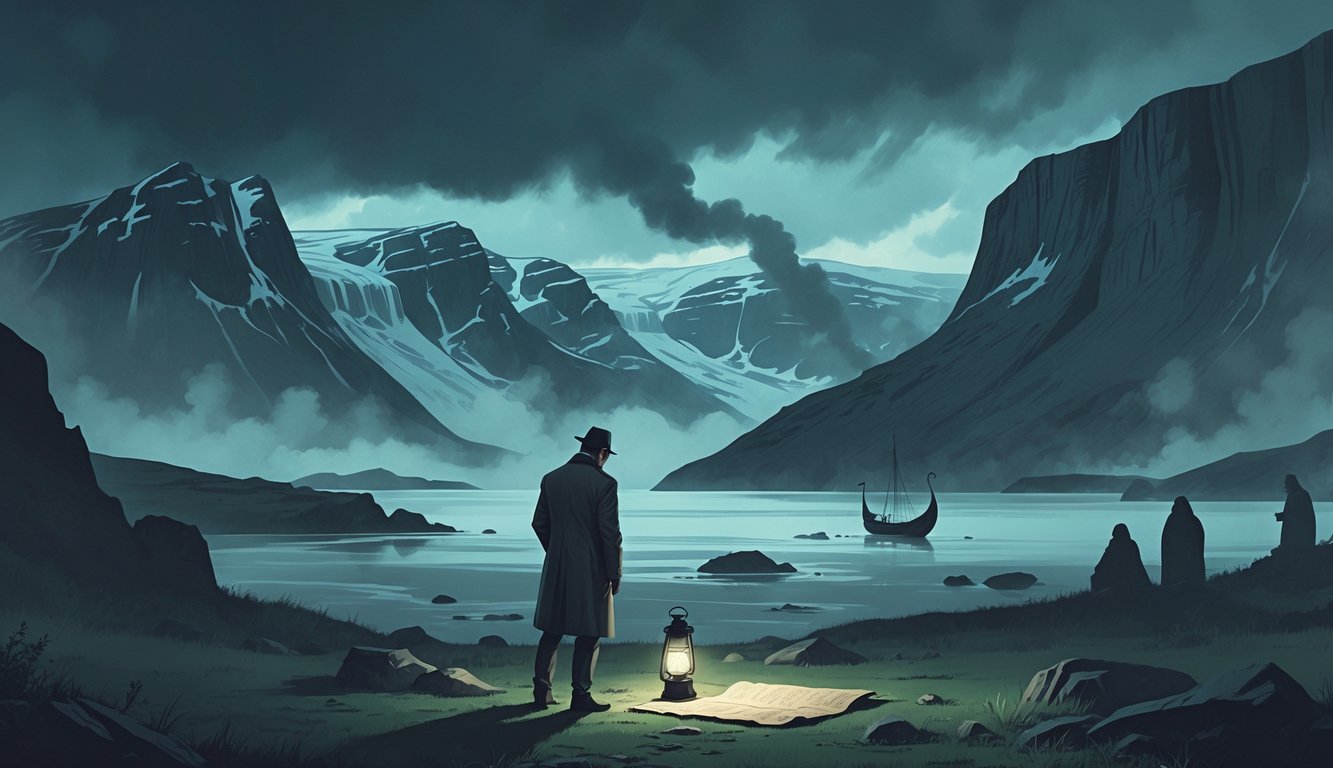 A detective examining an ancient manuscript in a rugged Icelandic landscape with mountains, fjords, and subtle historical symbols around.