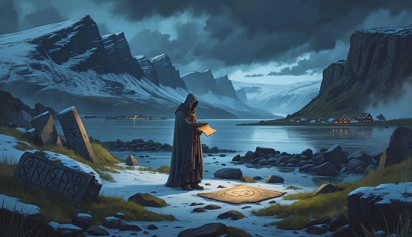 A cloaked figure stands near ancient Viking ruins in a rugged Icelandic landscape with volcanic mountains and a misty fjord in the background.