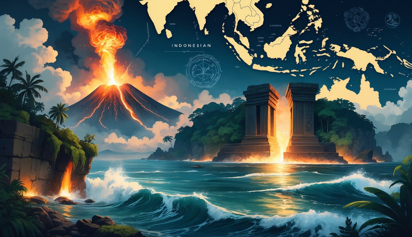A detailed scene showing a volcanic eruption, ancient stone ruins in a jungle, and a mystical ocean with glowing creatures, representing Indonesia's natural mysteries.