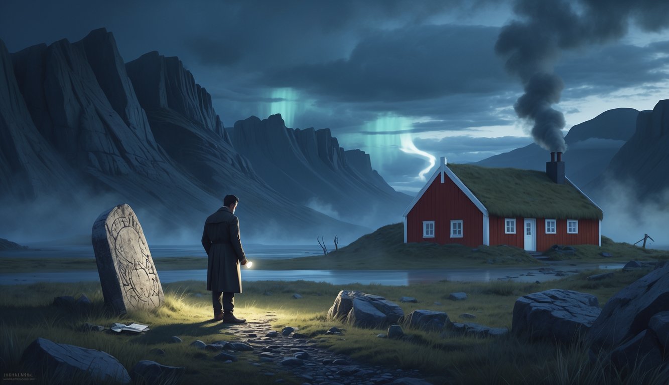 A detective examines an ancient carved stone near a traditional Icelandic turf house in a misty mountainous landscape under a cloudy sky with faint northern lights.