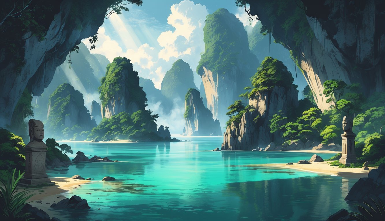 A group of tropical islands with dense forests, limestone cliffs, and dark caves by clear blue water, featuring ancient stone carvings near the shore.