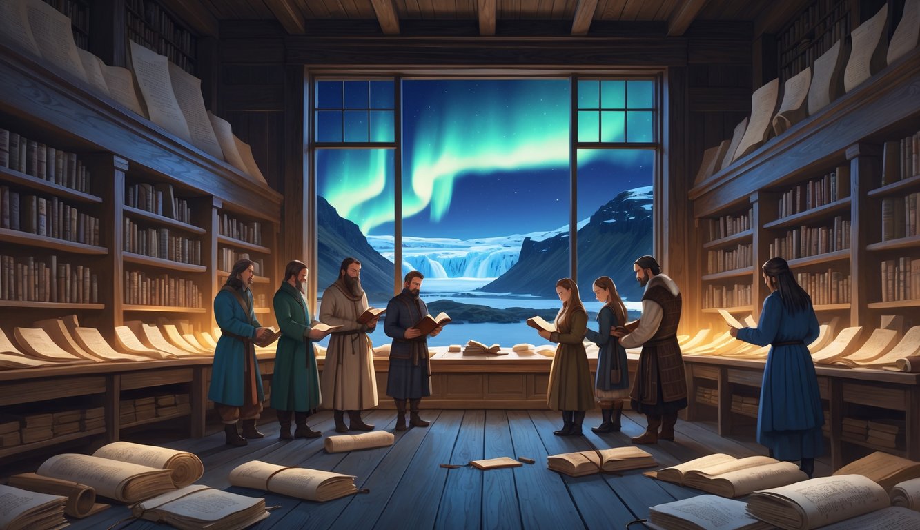 A group of Icelandic historians studying ancient manuscripts inside a library with a window showing volcanic mountains, glaciers, and northern lights outside.