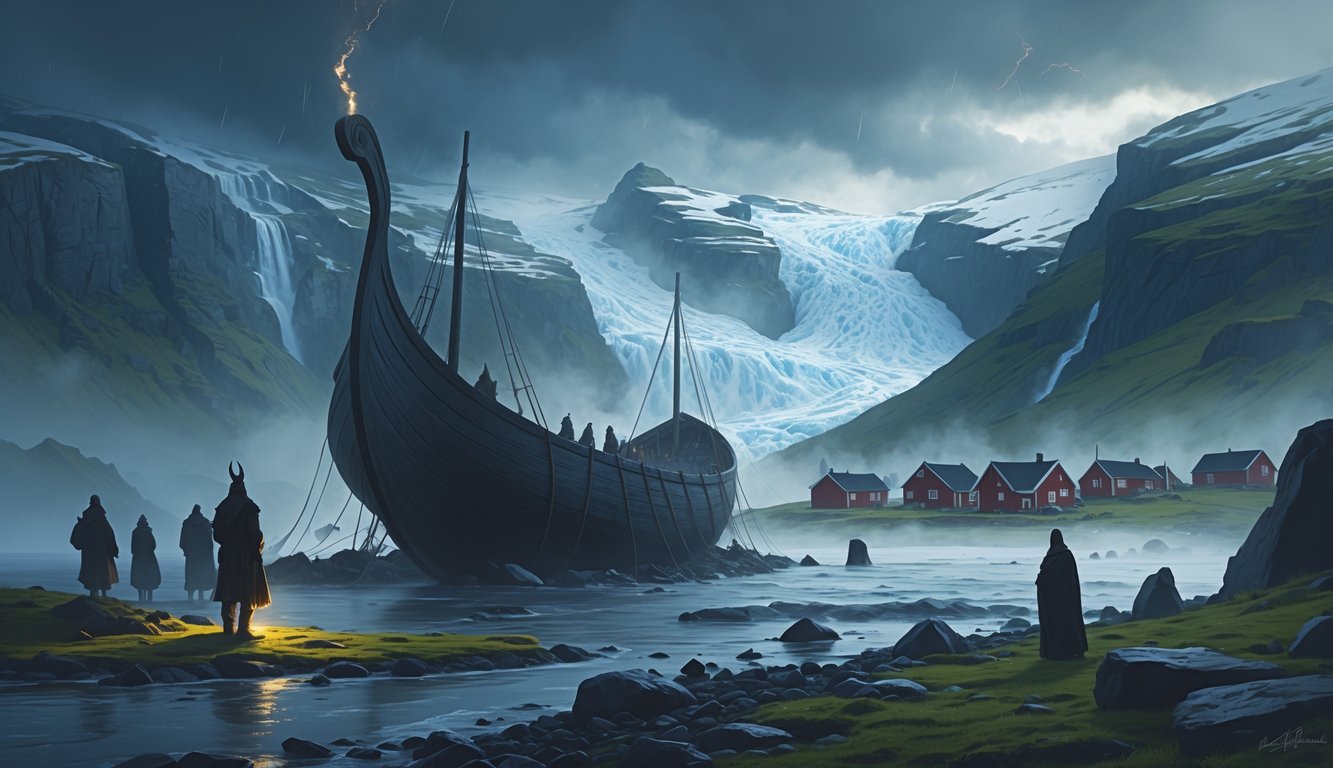 A Viking longship on a rocky Icelandic shore with mountains and glaciers in the background, ghostly Viking figures and a glowing rune circle nearby, and a small village in the distance.