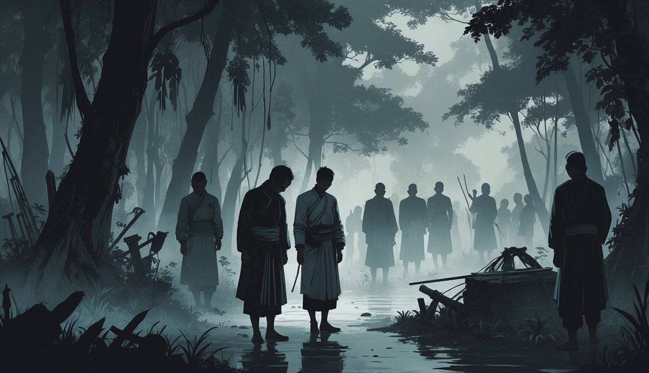 A dark, misty jungle scene with shadowy figures and symbolic artifacts representing Indonesia's tragic historical events and mysteries.