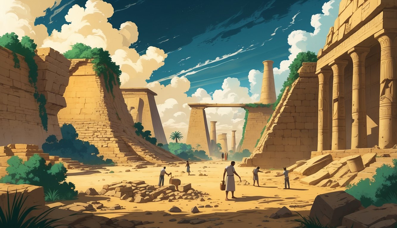 An ancient Mesopotamian landscape with ruins of Babylon, the ziggurat of Ur, archaeologists excavating artifacts, and symbolic elements representing lost civilizations and historical mysteries.