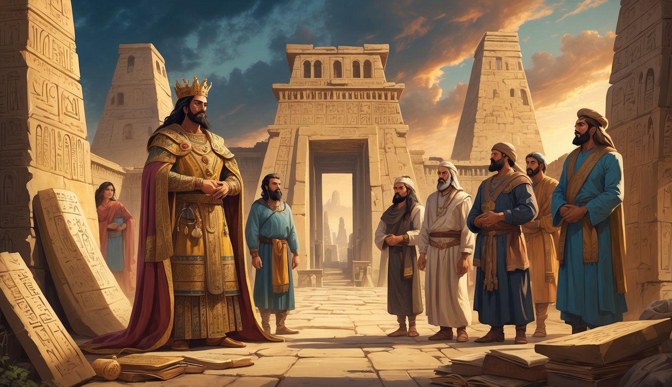 A group of ancient Iraqi rulers and common people stand together in front of a grand palace and ziggurats, surrounded by historical artifacts and symbols of mystery.