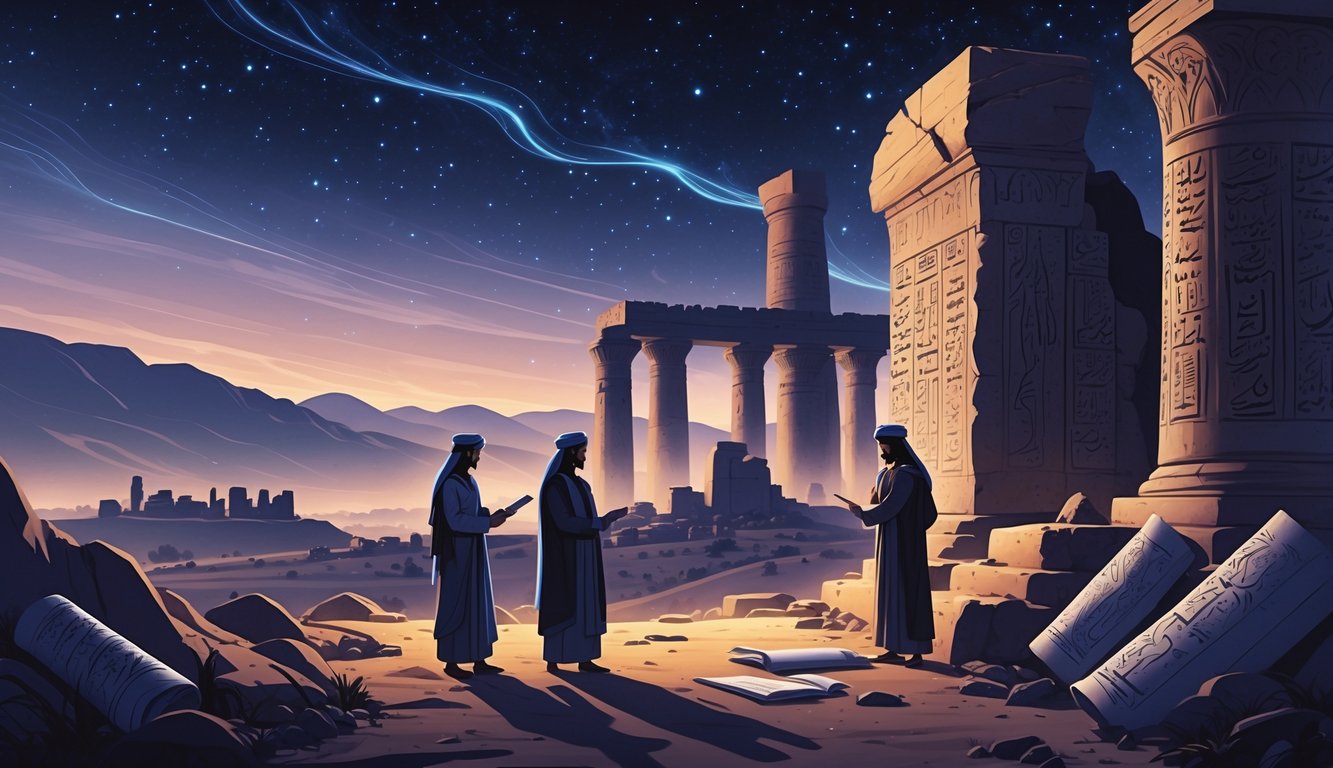 Ancient Persian ruins at twilight with figures examining scrolls and artifacts, surrounded by mysterious historical symbols under a starry sky.
