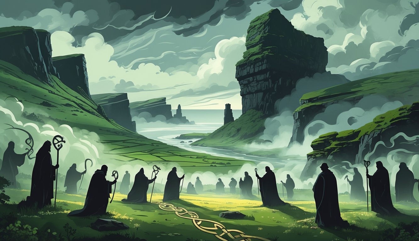 A misty Irish landscape with ancient landmarks, shadowy figures performing rituals, and ghostly mythical creatures under a cloudy sky.