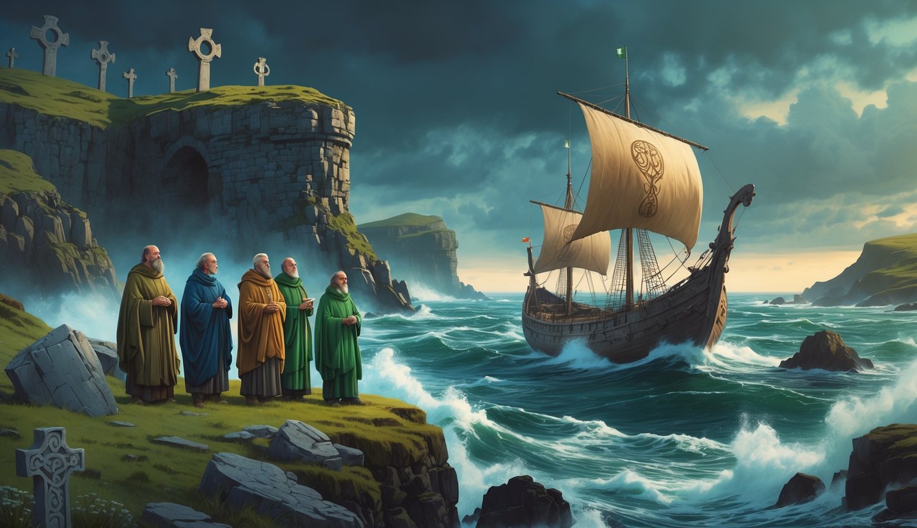 A coastal scene showing ancient saints near monastery ruins and a mysterious old ship in stormy seas, with ghostly lights and Celtic symbols in the background.