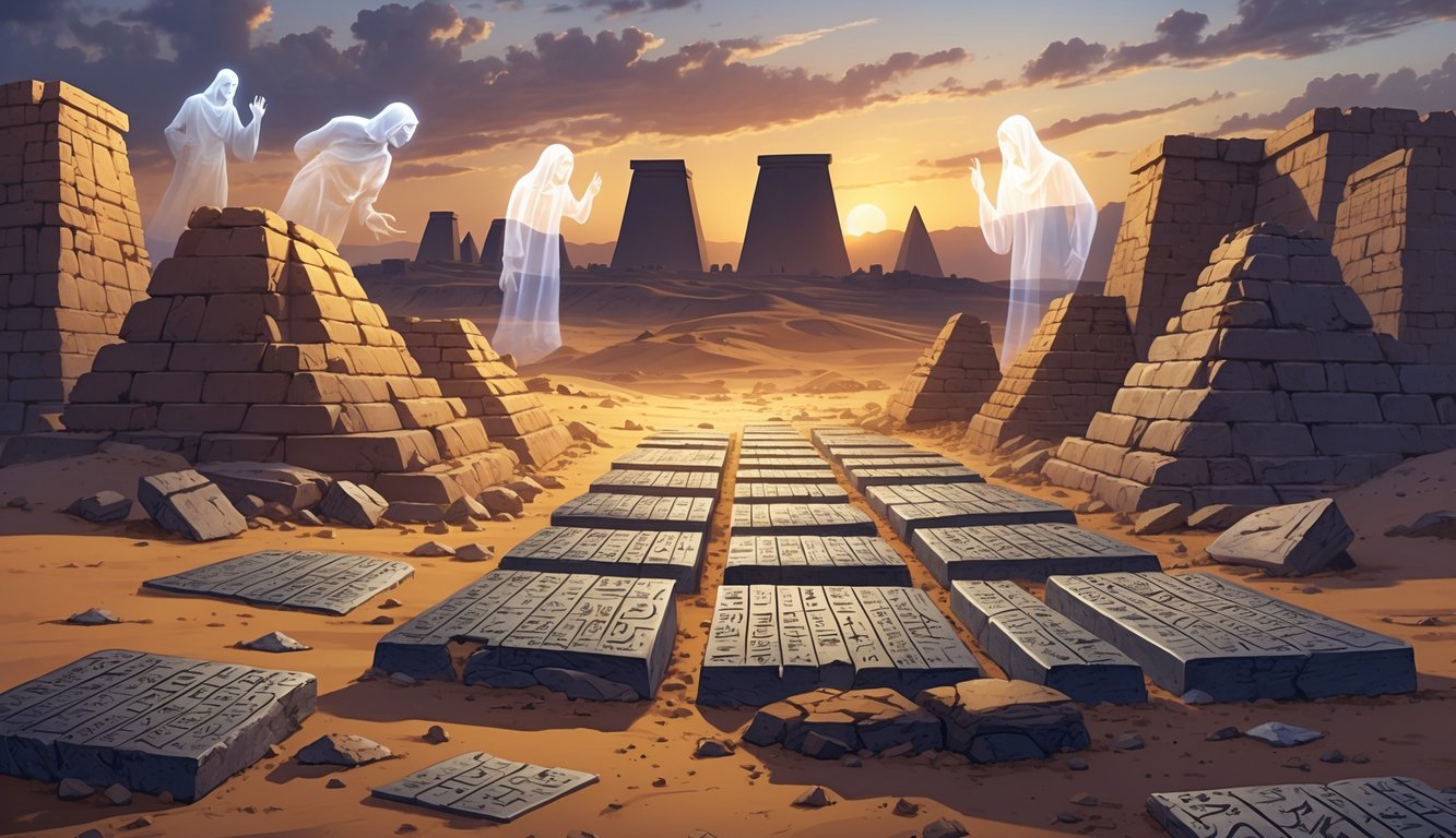 An ancient archaeological site in Iraq at dusk with ruins, scattered tablets, and ghostly figures representing lost knowledge.