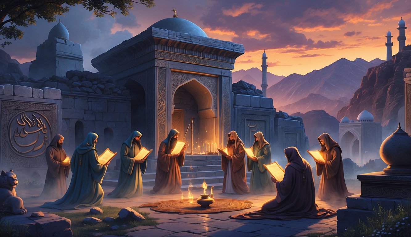 An ancient Persian temple surrounded by stone carvings and robed figures performing a secretive ritual at sunset in a mountainous landscape.