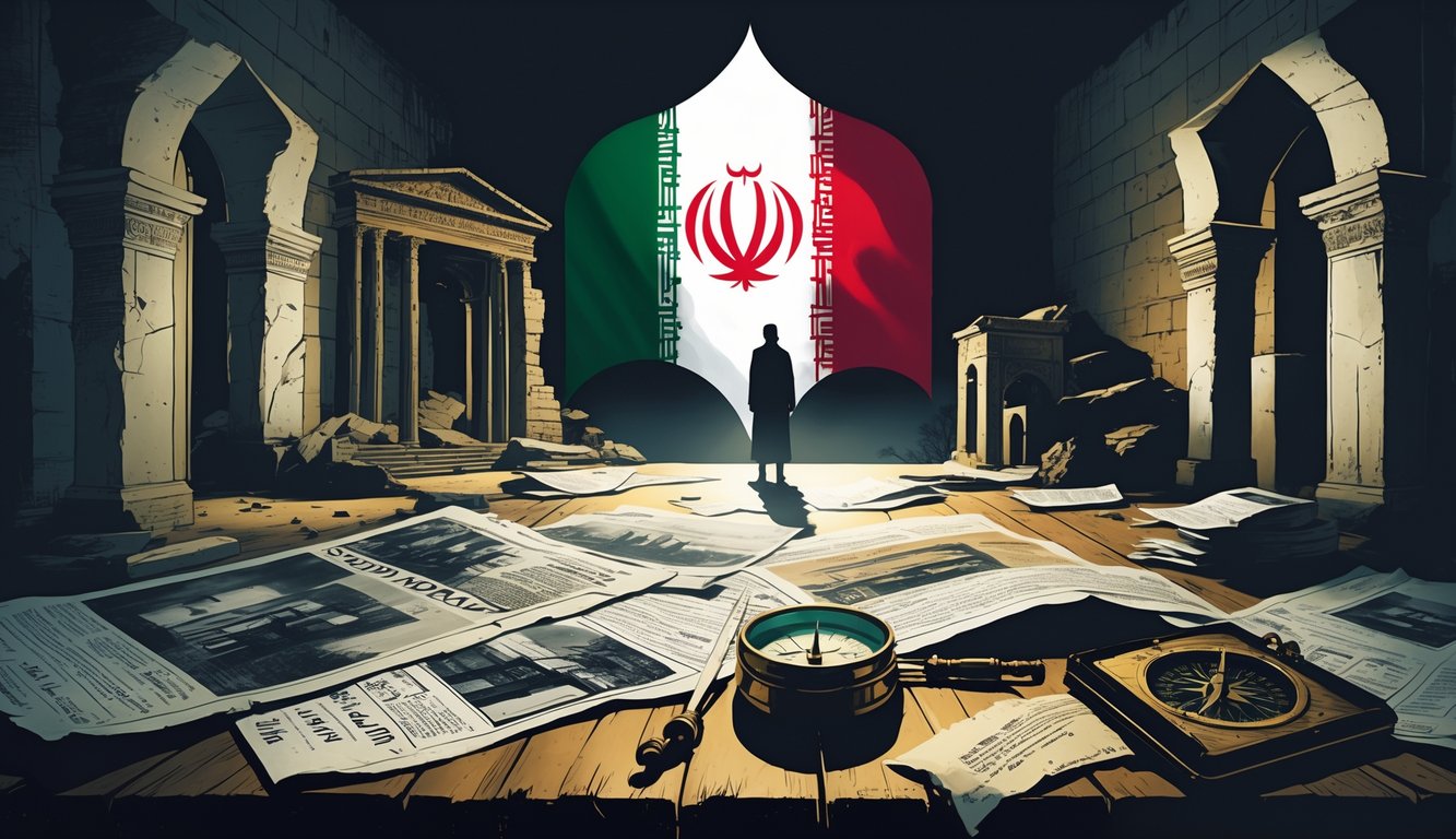 A scene showing symbols of political unrest and mystery in Iran, including the Iranian flag, ancient Persian architecture, scattered documents, and investigative tools on a wooden table.
