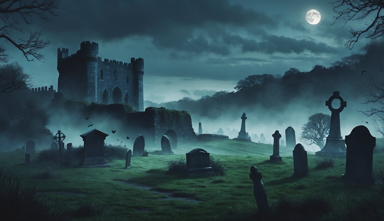 A misty twilight scene showing ancient Irish castles, old graveyards, and dark forests with faint ghostly lights around them.