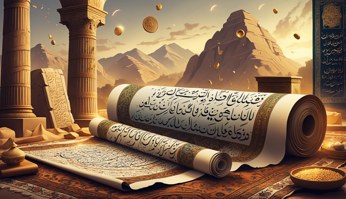 An ancient Persian scroll with calligraphy surrounded by a Persepolis column, a stone tablet with inscriptions, and a Persian carpet, set against mountains and glowing symbols evoking Iran's cultural heritage and historical mysteries.