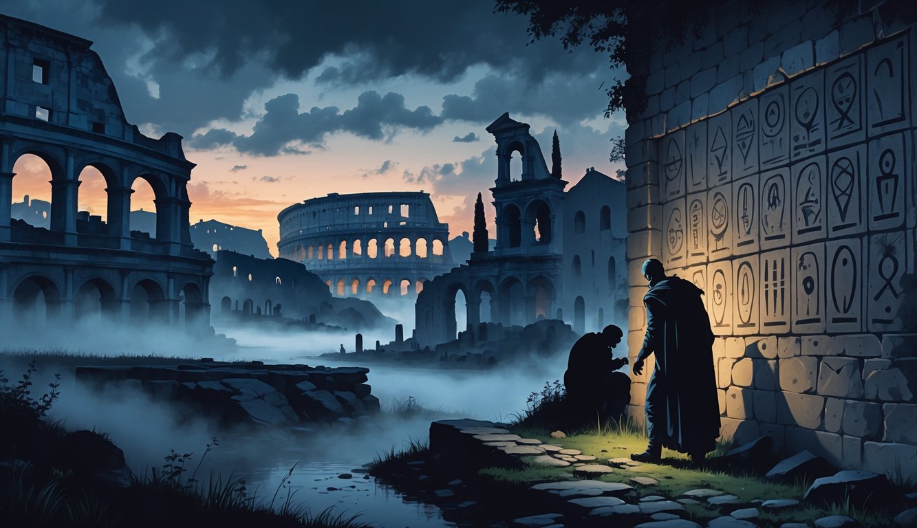 An illustration showing Italy's Colosseum, a person examining ancient symbols, the island of Poveglia with abandoned buildings, and Pompeii frescoes under a twilight sky.