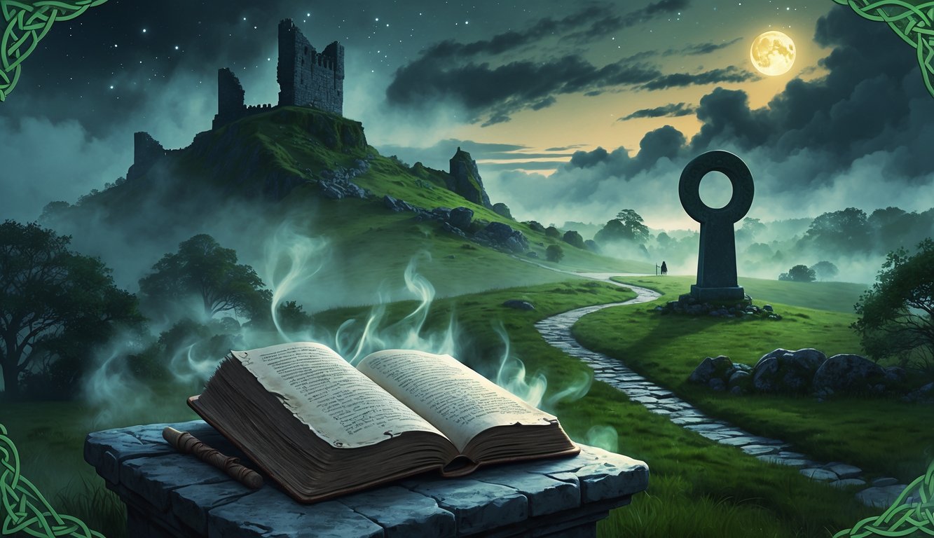 A misty ancient Irish landscape with a ruined castle on a hill, a stone path through green forests, a moss-covered standing stone circle, and an open glowing book on a stone pedestal under a crescent moon.