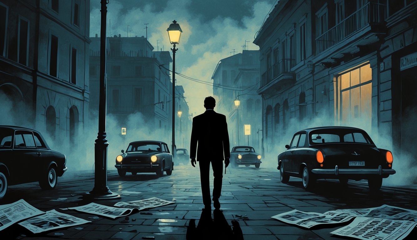 A man walking into a foggy alley on a dimly lit Italian street at dusk, with vintage cars and buildings around, creating a mysterious and tense atmosphere.
