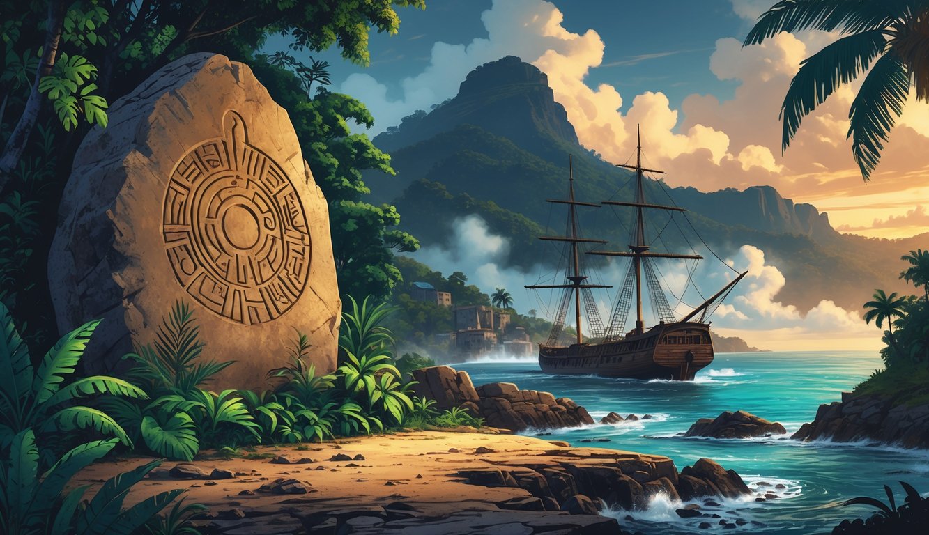 A tropical jungle scene with an ancient stone carving, a partially sunken pirate ship by a rocky coast, misty mountains in the background, and old colonial buildings hidden among trees.