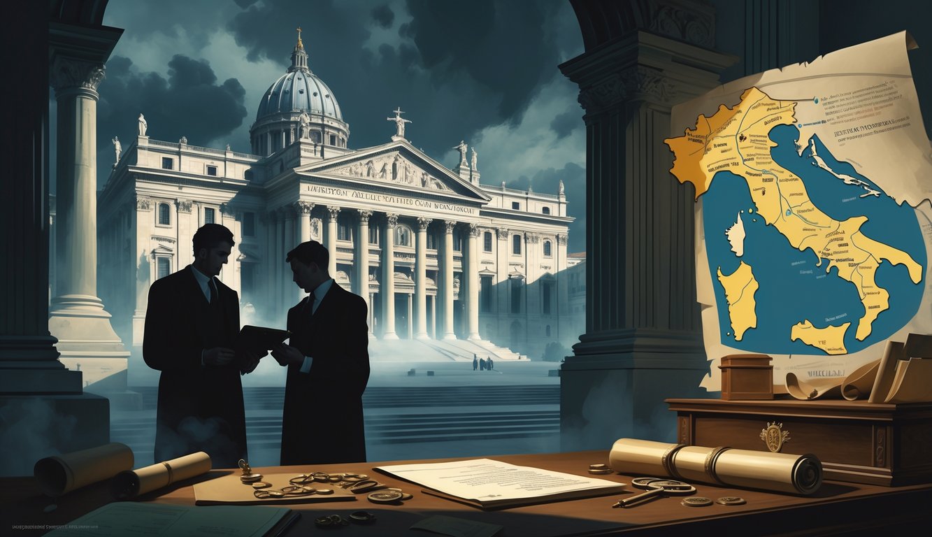 A detailed scene showing the Vatican Bank building with shadowy figures exchanging secret documents, surrounded by historical items like ledgers, keys, and a map of Italy, conveying mystery and intrigue.