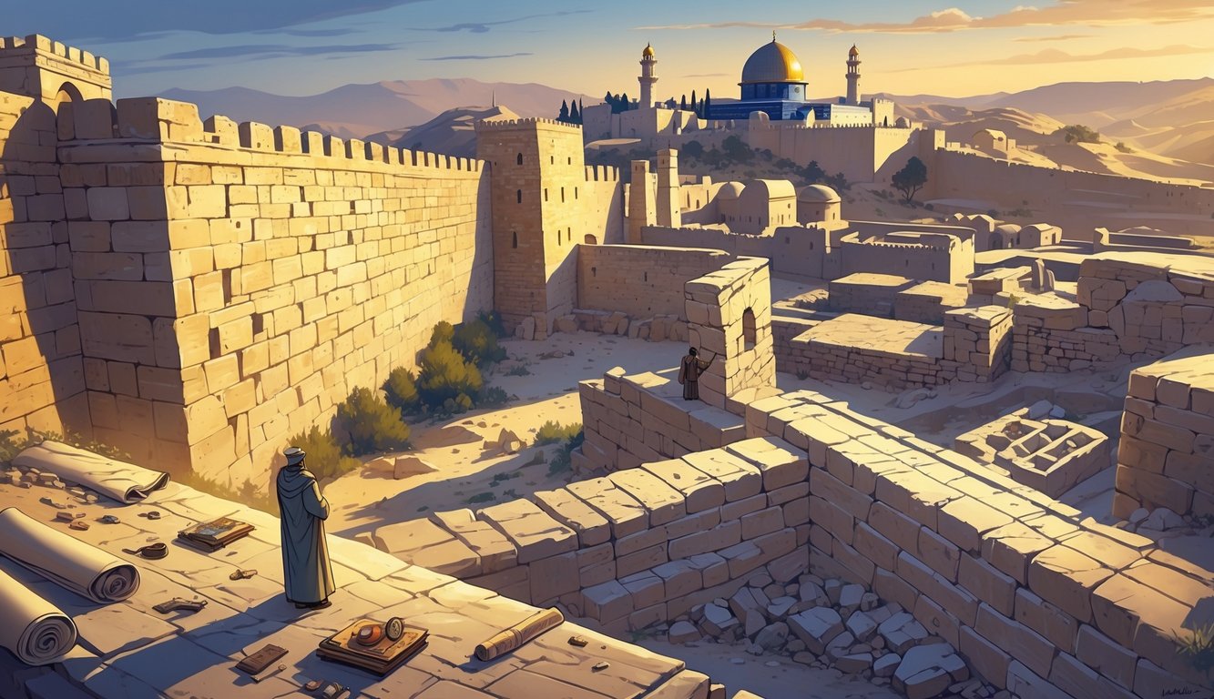 A panoramic view of ancient Israeli landmarks including the Western Wall, Masada, and Jerusalem with archaeological artifacts and explorers examining ruins at twilight.