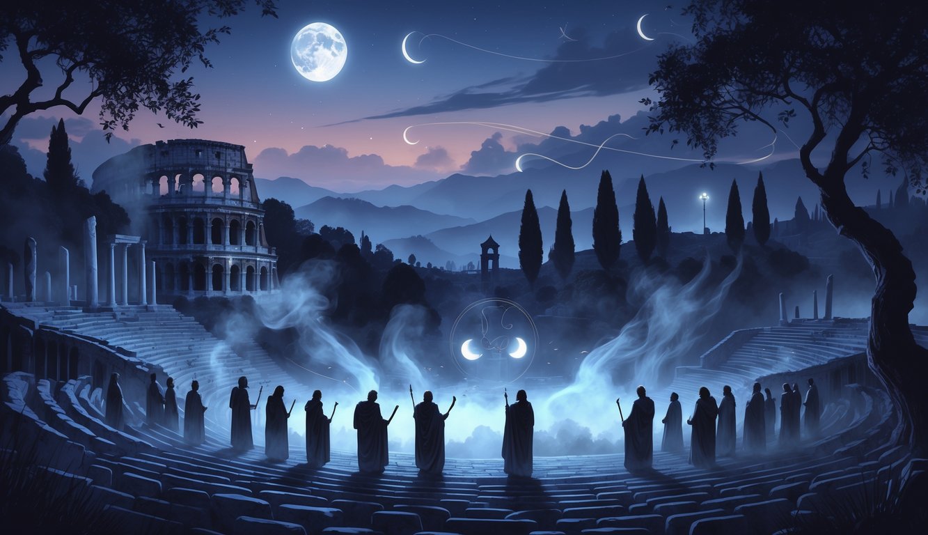 A misty ancient Roman amphitheater with figures performing a ritual under a crescent moon, surrounded by Italian landmarks and dark olive trees in a twilight landscape.