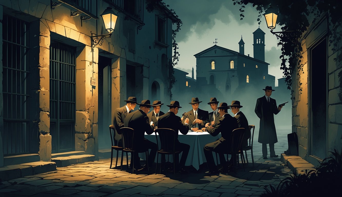 A nighttime scene of men in 1940s suits meeting secretly in an old Italian street with historic buildings and landmarks in the background.