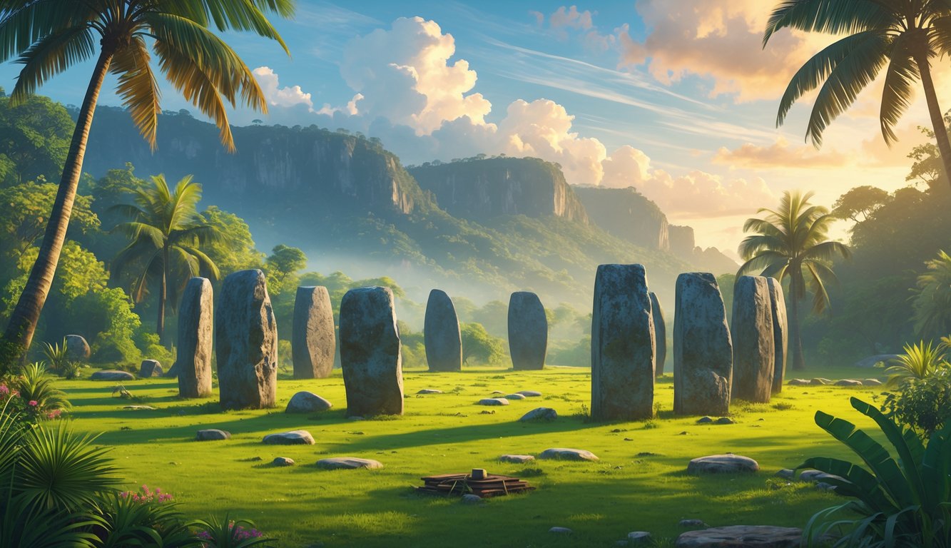 A stone circle resembling Stonehenge set in a green Jamaican landscape with tropical trees and mountains in the background.