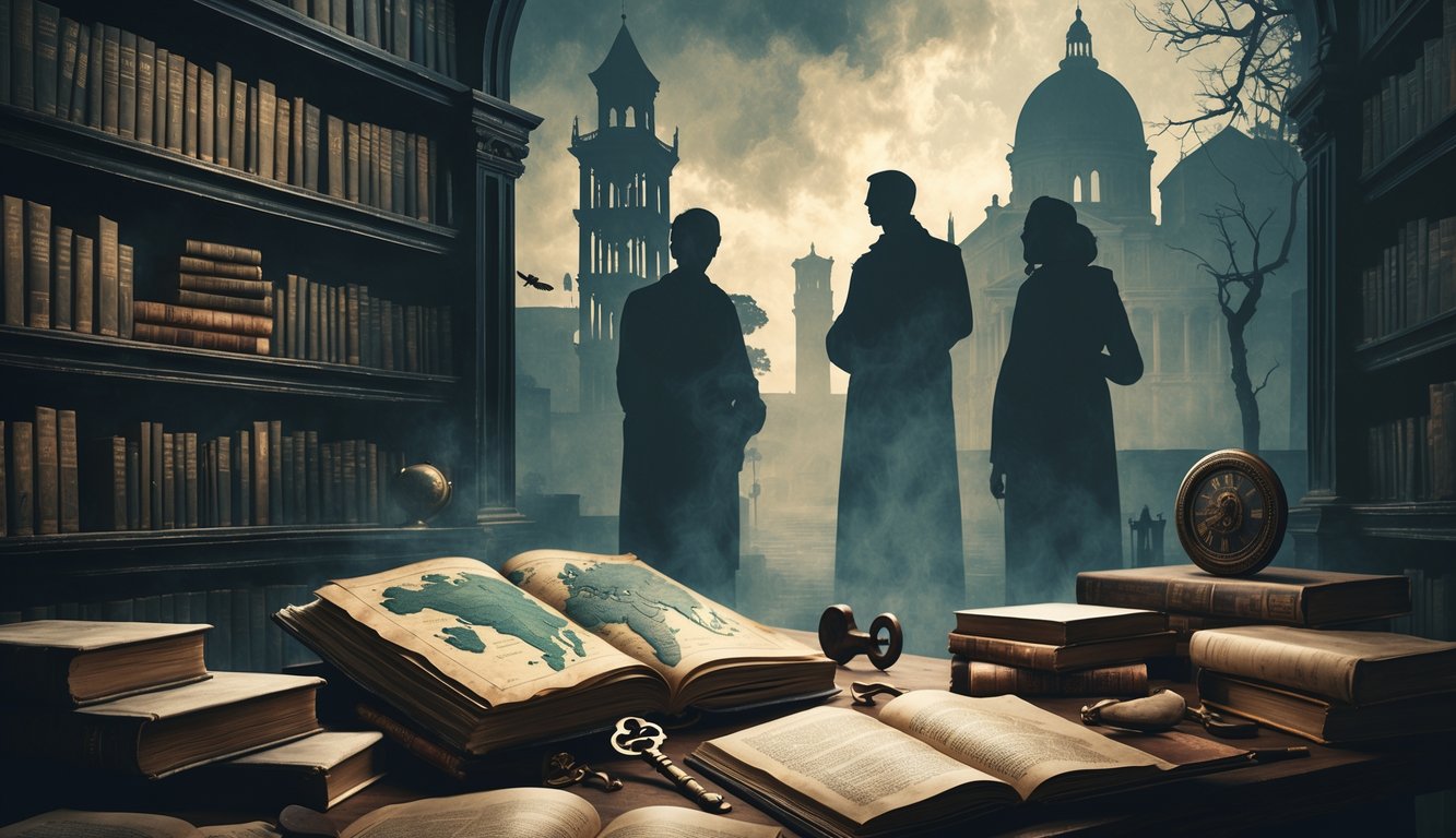 An old Italian library filled with ancient books, a vintage map of Italy, historical artifacts, and faint outlines of famous Italian landmarks in the background, creating a mysterious atmosphere.