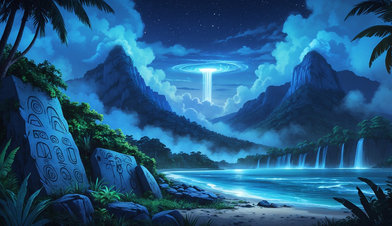 A mysterious glowing light over the Blue Mountains in Jamaica with ancient stone carvings, bioluminescent waves on the shore, and mist rising from a waterfall at night.
