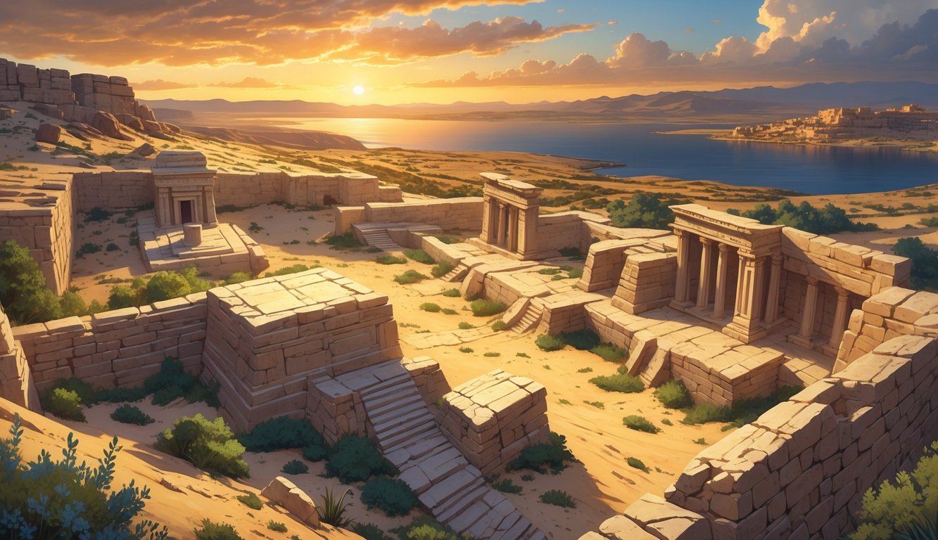 A panoramic view of ancient religious ruins and underground chambers in a desert landscape in Israel at sunset.