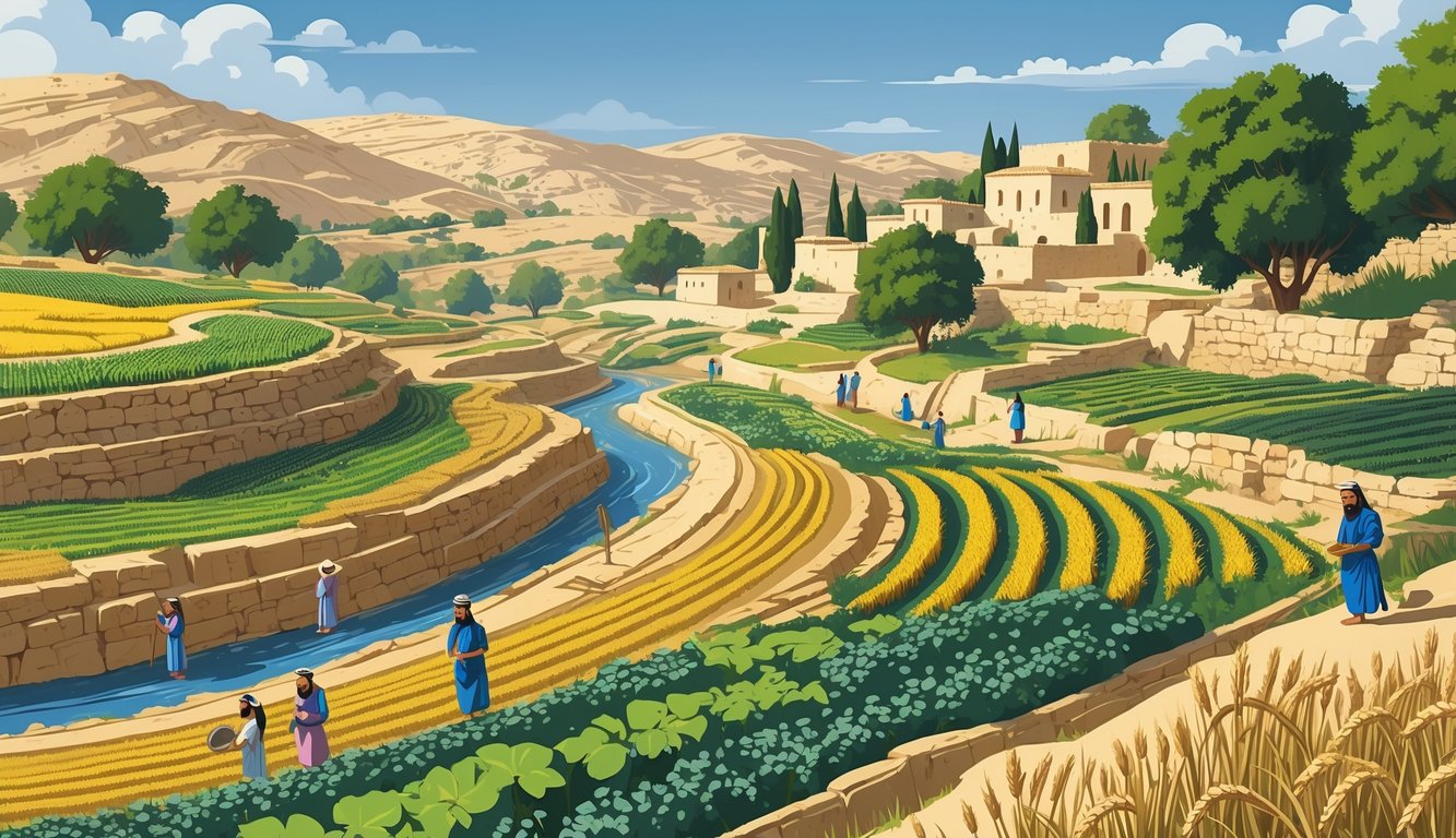 An ancient agricultural landscape in Israel with farmers working in terraced fields, a small village, and groups of people gathered near the fields and houses.