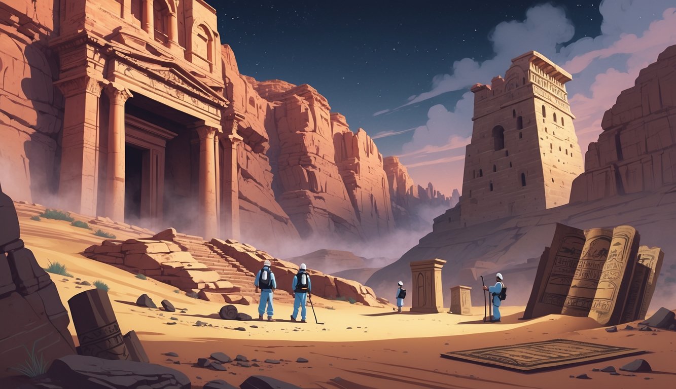 A desert scene with Petra's rock-cut buildings, archaeologists examining ancient artifacts near a tomb, ruins of the Amman Citadel in the background, under a twilight sky.