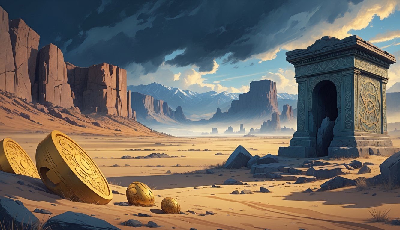 A landscape showing ancient petroglyphs on cliffs, golden artifacts buried in the ground, an old mausoleum surrounded by desert sands, and distant ruins of an ancient city.