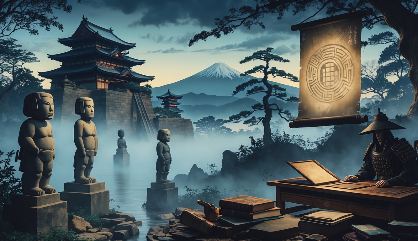 A misty ancient Japanese castle with stone statues and an old scroll on a wooden table, a samurai figure looking toward Mount Fuji at twilight.