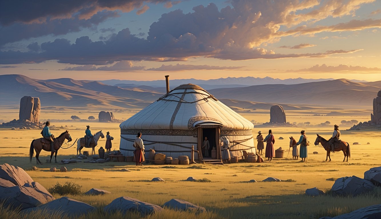 A vast Kazakh steppe with a traditional yurt, nomadic people in historical clothing riding horses and tending livestock, ancient stone monuments, and distant mountains under a dawn sky.