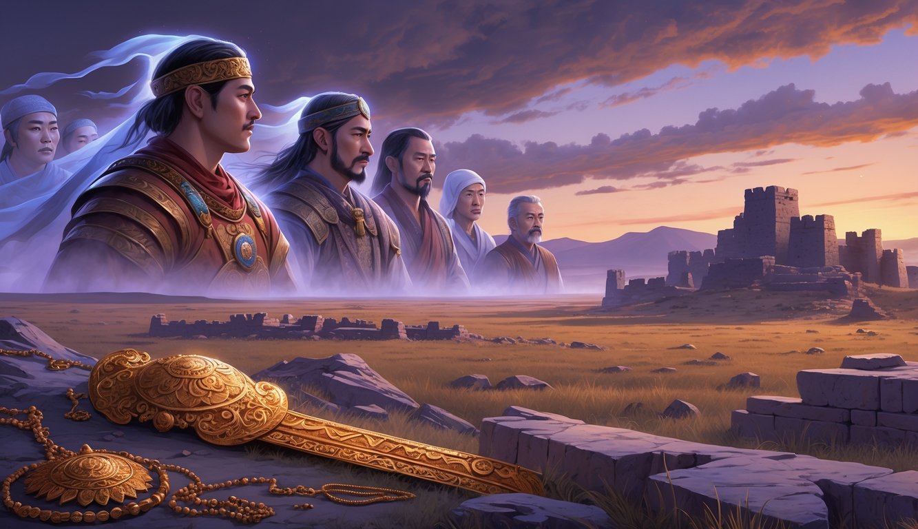 A landscape of the Kazakh steppe at twilight with ghostly portraits of historical figures, ancient artifacts partially buried in the ground, and ruins of a fortress and traditional yurts in the background.