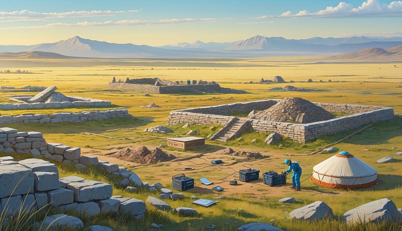 Archaeologists excavating ancient ruins and burial mounds in a Kazakh steppe landscape with mountains and a traditional yurt in the background.