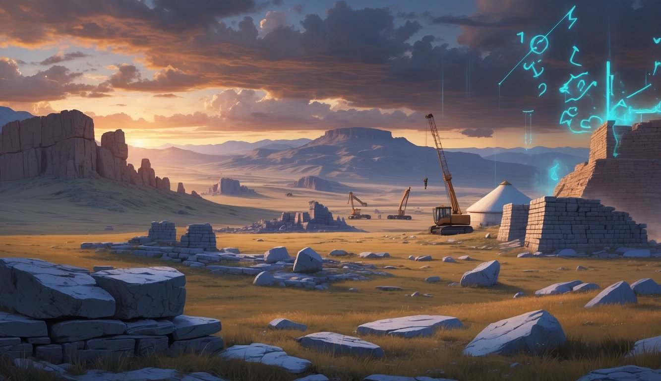 A landscape showing ancient Kazakh monuments and ruins on a steppe with signs of weathering and nearby construction equipment, along with glowing mysterious symbols above the ruins.