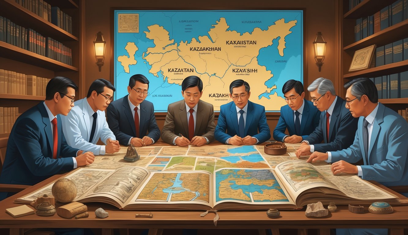 A group of Kazakh scholars examining ancient manuscripts and artifacts around a table in a study room with a map of Kazakhstan and shelves of books in the background.