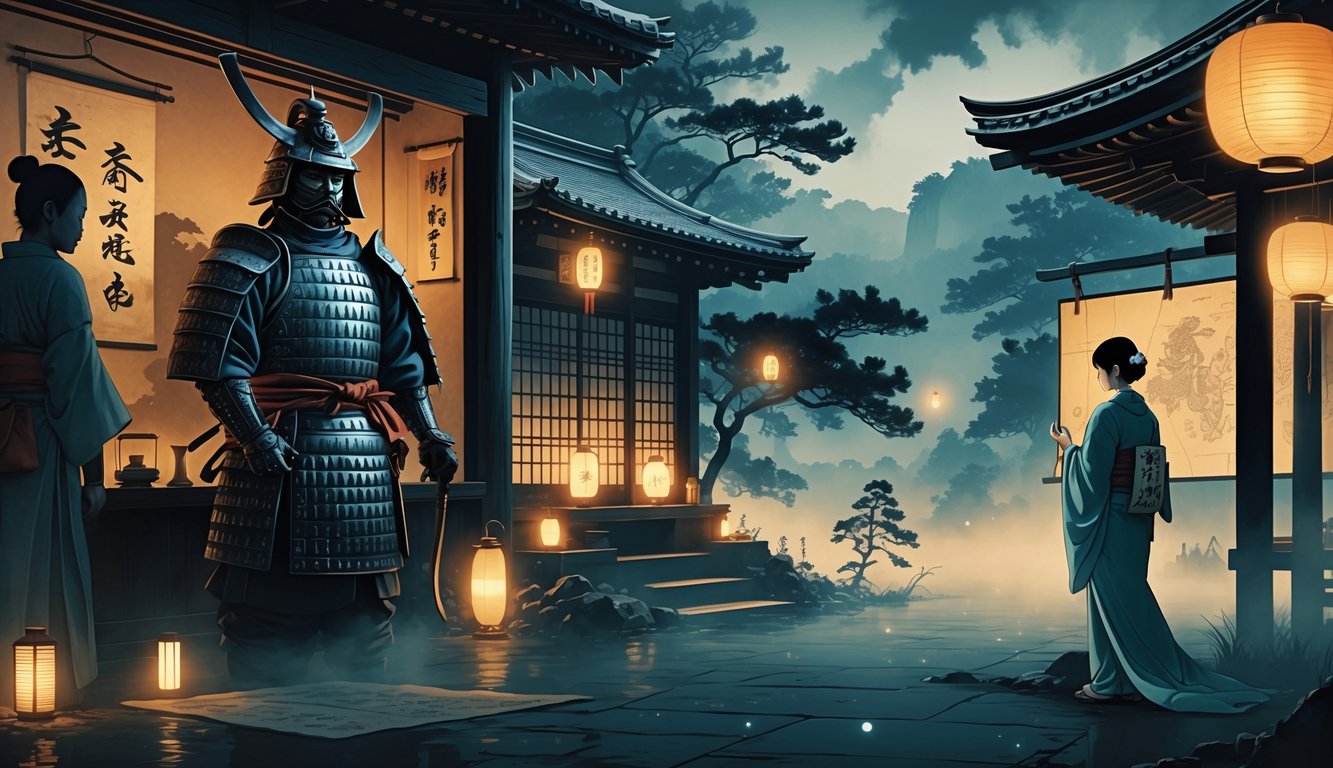 A collage showing ancient samurai armor, a foggy forest with shadowy figures, a vintage map of Japan, and a ghostly woman near a shrine, all evoking mystery and historical secrets.