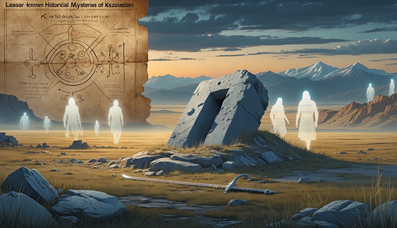 A mysterious scene showing ancient artifacts, ghostly figures of warriors, a weathered map, and ruins set against the vast Kazakh steppe and mountains at dusk.