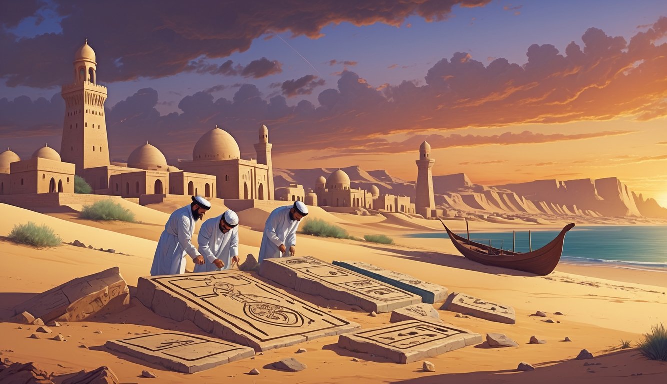 Archaeologists examining ancient artifacts in a Kuwaiti desert landscape with traditional buildings and Kuwait Towers in the background at sunset.