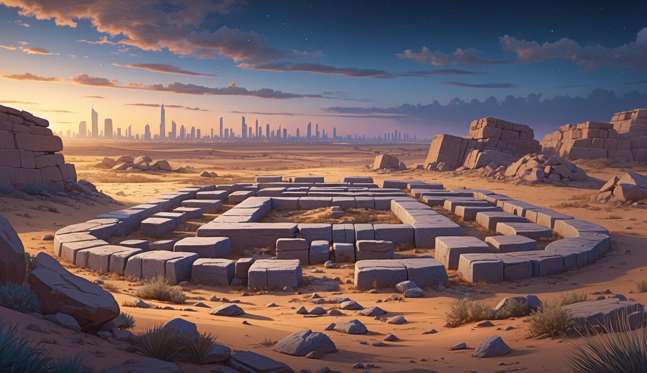 An ancient prehistoric stone monument site in a desert near Kuwait with researchers examining the area at sunset.